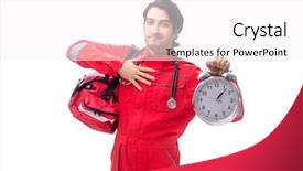  Presentation with paramedic - Presentation design with clock medical emergency - young paramedic in red uniform background and a white colored foreground