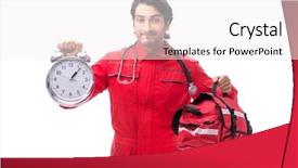  Presentation with paramedic - Presentation design having clock medical emergency - young paramedic in red uniform background and a white colored foreground