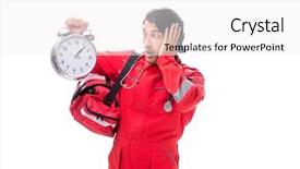  Presentation with paramedic - Audience pleasing PPT theme consisting of clock medical emergency - young paramedic in red uniform backdrop and a white colored foreground