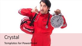  Presentation with paramedic - Slide set with clock medical emergency - young paramedic in red uniform background and a red colored foreground