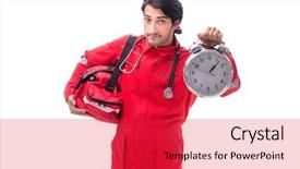  Presentation with paramedic - Beautiful PPT layouts featuring clock medical emergency - young paramedic in red uniform backdrop and a red colored foreground