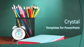  Presentation with green notebook - Slide deck with clock on desk on green background and a ocean colored foreground