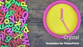  Presentation with clock - Colorful PPT theme enhanced with clock-word-on-wooden-table backdrop and a dark gray colored foreground