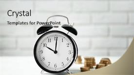  Presentation with white brick wall - Cool new slide deck with clockface - alarm clock and coins backdrop and a light gray colored foreground