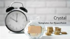  Presentation with alarm - Cool new PPT theme with clockface - jar filled with coins backdrop and a light gray colored foreground