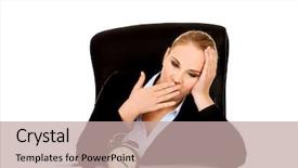  Presentation with tired - Beautiful theme featuring clockface - tired business woman behind backdrop and a mint green colored foreground