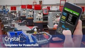  Presentation with machinery - PPT theme having clockmanufacturing - woman using her mobile phone background and a  colored foreground