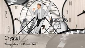  Presentation with young business man - Audience pleasing PPT theme consisting of clocks on background business rat backdrop and a light gray colored foreground