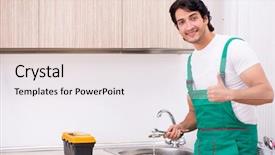  Presentation with plumber - Audience pleasing PPT theme consisting of clogged faucet - young plumber repairing tap backdrop and a white colored foreground