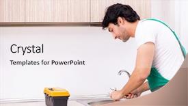  Presentation with kitchen tools and equipment - Beautiful PPT layouts featuring clogged faucet - young plumber repairing tap backdrop and a  colored foreground