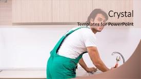  Presentation with kitchen remodelig - Slide deck with clogged faucet - young plumber repairing tap background and a  colored foreground