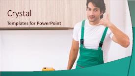  Presentation with plumber - Slides with clogged faucet - young plumber repairing tap background and a  colored foreground