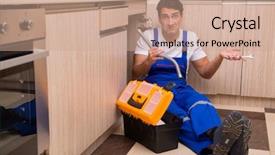  Presentation with kitchen - Cool new PPT theme with clogged faucet - young repairman working backdrop and a coral colored foreground