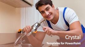  Presentation with young students working in groups - Audience pleasing theme consisting of clogged faucet - young repairman working backdrop and a coral colored foreground