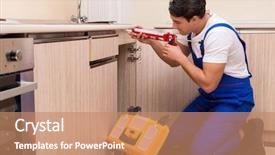  Presentation with young students working in groups - Amazing PPT theme having clogged faucet - young repairman working backdrop and a coral colored foreground