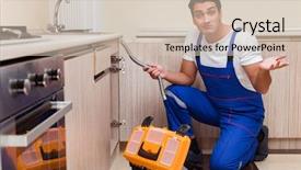  Presentation with clogged - Slide deck featuring clogged faucet - young repairman working background and a soft green colored foreground
