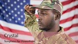  Presentation with american flag - Beautiful presentation theme featuring close- up of soldier saluting backdrop and a coral colored foreground