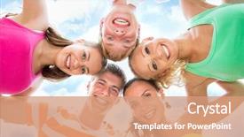 Presentation with circle - Audience pleasing PPT theme consisting of close friend - group of happy young people backdrop and a coral colored foreground