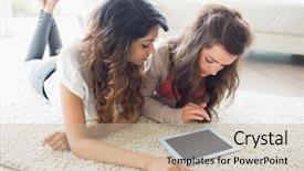  Presentation with computer room - Slides enhanced with close friend - two women looking at tablet background and a mint green colored foreground