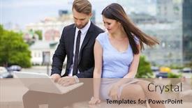  Presentation with working together - Colorful slide deck enhanced with close portrait of a smiling attractive business young couple working together outdoor shoot backdrop and a coral colored foreground