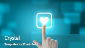  Presentation with application - Presentation design with close u of human hand pushing application icon background and a teal colored foreground