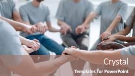  Presentation with holding hands - Beautiful PPT theme featuring close-up-a-group backdrop and a coral colored foreground