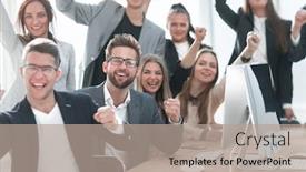  Presentation with team leader - Audience pleasing PPT theme consisting of close-up-a-jubilant-leader backdrop and a coral colored foreground