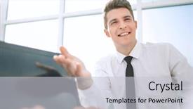  Presentation with employee - PPT layouts having close up a smiling employee background and a  colored foreground