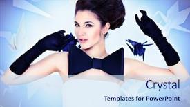  Presentation with black art - PPT layouts enhanced with close-up art fashion photo of a gorgeous woman in paper dress black and white background and a sky blue colored foreground