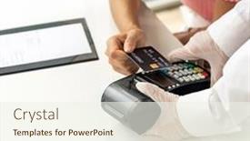  Presentation with contactless - PPT theme having close-up-asian-woman-customer background and a cream colored foreground