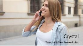  Presentation with alone - Presentation theme featuring close up attractive young woman using her mobile phone while walking at the street alone background and a light blue colored foreground