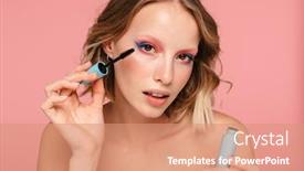  Presentation with beauty makeup - PPT theme consisting of close-up-beauty-portrait background and a coral colored foreground