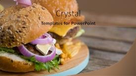  Presentation with burgers - Amazing PPT theme having close up burgers on cutting board at table backdrop and a coral colored foreground