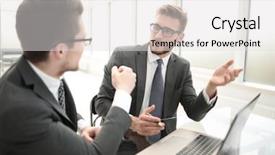  Presentation with new business ideas - Slide deck featuring close up business colleagues discuss background and a  colored foreground