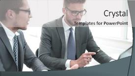  Presentation with desk - Colorful presentation design enhanced with close up business colleagues discuss backdrop and a light gray colored foreground