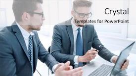  Presentation with desk - Slide set with close up business colleagues discuss background and a white colored foreground