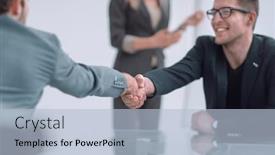  Presentation with business partner - Cool new PPT theme with close up business man shaking hands with his business partner backdrop and a light blue colored foreground
