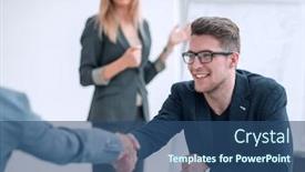  Presentation with business partner - PPT layouts consisting of close-up-business-man-shaking background and a ocean colored foreground