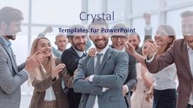  Presentation with team leader - Audience pleasing PPT theme consisting of close-up-business-team-applauding backdrop and a sky blue colored foreground