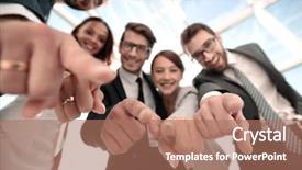  Presentation with team - Audience pleasing PPT layouts consisting of close up business team pointing backdrop and a coral colored foreground