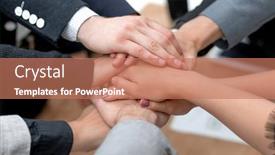  Presentation with team hands - Slide deck enhanced with close-up-business-team-putting background and a coral colored foreground