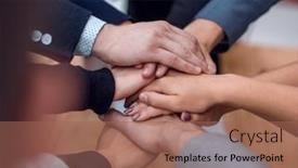  Presentation with team hands - Theme featuring close-up-business-team-putting background and a coral colored foreground