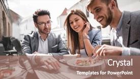  Presentation with team - Beautiful PPT theme featuring close up business team sitting backdrop and a  colored foreground