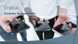  Presentation with smartphones - Theme consisting of close up business team using their smartphones background and a sky blue colored foreground