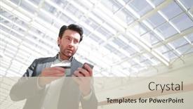  Presentation with number 1 - Slide set enhanced with close-up-businessman-dialing background and a soft green colored foreground