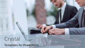  Presentation with desk - Cool new PPT theme with close-up-businessman-opening-briefcase backdrop and a light blue colored foreground