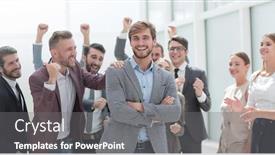  Presentation with company - PPT theme enhanced with close-up-cheerful-company-employees background and a gray colored foreground