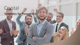  Presentation with company - Amazing slides having close-up-cheerful-company-employees backdrop and a mint green colored foreground