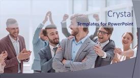  Presentation with company - Presentation design enhanced with close-up-cheerful-company-employees background and a sky blue colored foreground