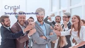  Presentation with company - Cool new slide deck with close-up-cheerful-company-employees backdrop and a sky blue colored foreground